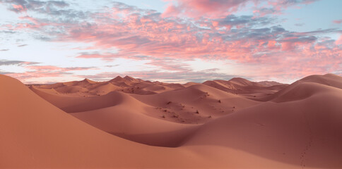 Fototapeta na wymiar Beautiful sand dunes in the Sahara desert with amazing sunrise sky - Sahara, Morocco