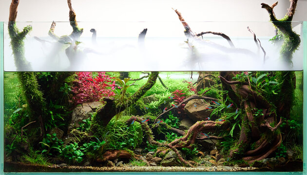  Beautiful freshwater aquascape paludarium with fog, live aquarium plants, Frodo stones, redmoor roots covered by java moss and a school of blue neon tetra fish. 
