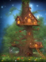 Fototapeta na wymiar Cute fairy tree house hugge 3d illustration