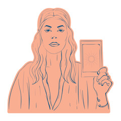 Woman fortune teller with tarot card esoteric sketch icon Vector illustration