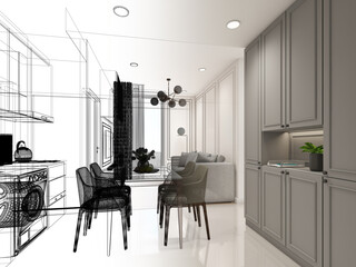 sketch design of interior living, 3d rendering