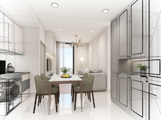sketch design of interior living, 3d rendering