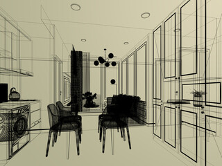 sketch design of interior living, 3d rendering