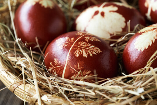 Easter Eggs Dyed With Onion Skins In A Wicker Basket