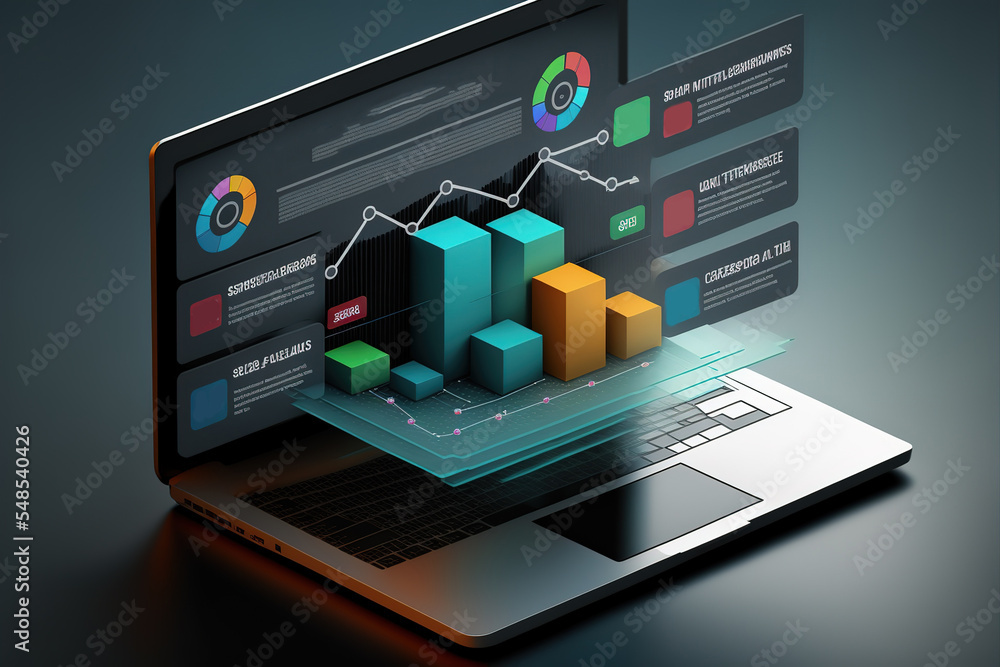 Poster business finance management panel on a 3d laptop. projection of graphs and charts on a tablet. 3d il