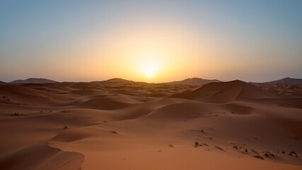 Fototapeta na wymiar Beautiful sand dunes in the Sahara desert with amazing sunset sky - Sahara, Morocco