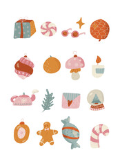 Set of Christmas decorations. Happy new year. Christmas items. For the design of Christmas and New Year cards. Vector illustration. Hand-Drawn.