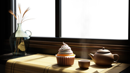 Breakfast cup cake and tea on table inside the room with alpha matte in background with 3d rendering.