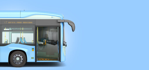 Empty blue city bus with open dors 3d render on blue gradient © nosorogua