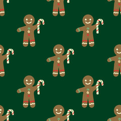Cute gingerbread men, candy canes vector pattern background. Traditional Christmas smiling laughing cookie character motifs on dark green backdrop. Fun festive hand drawn naive style for Holidays.