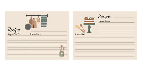 Collection of recipe card or sheet templates for making notes about meal preparation and cooking ingredients. Empty cookbook pages. Vector illustration. - obrazy, fototapety, plakaty