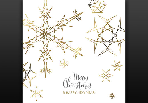 Winterwhite  Christmas card layout template with geometry golden snowflakes