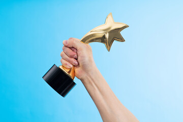 Human hand holding golden star trophy