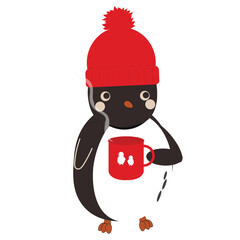 pinguin with red clothes hat and mittens in winter on the white 