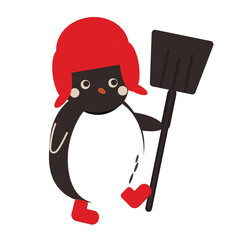 pinguin with red clothes hat and mittens in winter on the white 