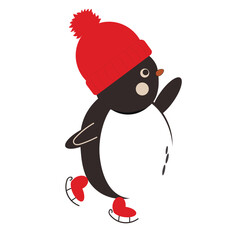 pinguin with red clothes hat and mittens in winter on the white 