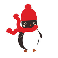 pinguin with red clothes hat and mittens in winter on the white 