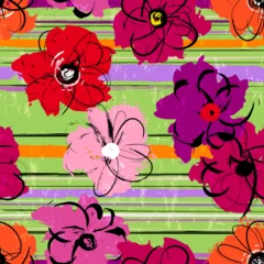 Deurstickers floral seamless pattern background, with flowers, horizontal stripes, paint strokes and splashes © Kirsten Hinte