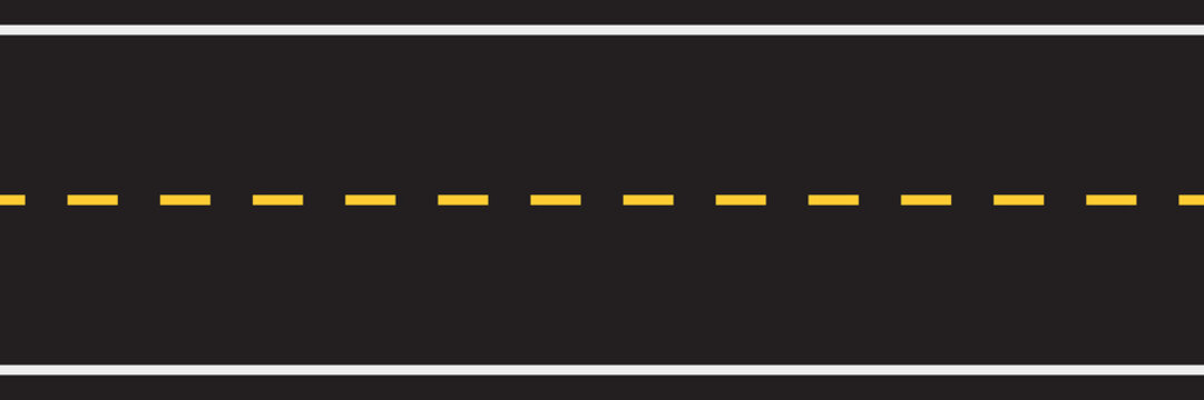 Seamless empty straight road pattern with single yellow dashed line and white solid lines road marking. Asphalt road top aerial view in flat style design. Vector illustration.