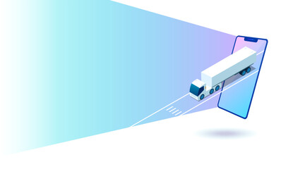 Conceptual template with truck and mobile phone. Scene for online cargo delivery service, logistics or tracking app concept. Modern isometric vector illustration.