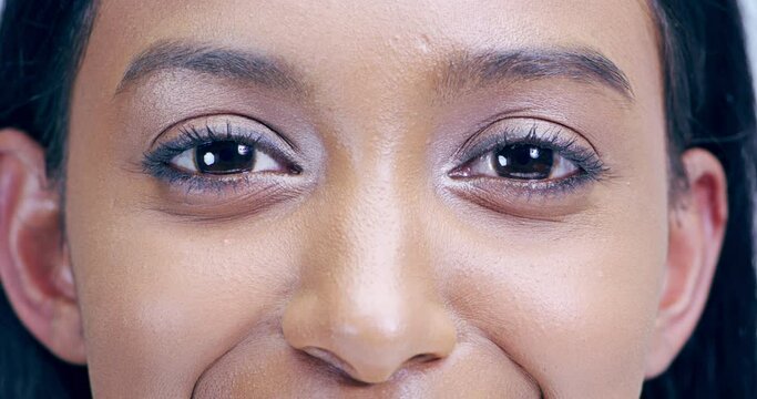 Woman, eyes and makeup, vision and beauty with eyeshadow, eyeliner and lashes zoom. Face, model and microblading with cosmetics and eye make up, eyebrow care and wellness in cosmetic portrait.