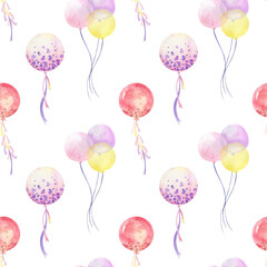 Birthday seamless pattern, holiday graphics, party background, watercolor colorful balloons and confetti illustration, carnival greeting graphics