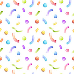 Birthday seamless pattern, holiday graphics, party background, watercolor colorful balloons and confetti illustration, carnival greeting graphcis