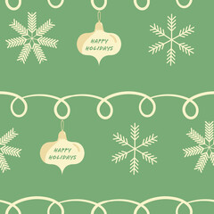 Happy Holidays Christmas snowflake, bauble and doodle loop vector seamless pattern background. Green white backdrop with looping doodle lines and winter decoration. Hand drawn festive greeting