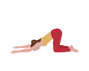 Girl doing yoga pilates gymnastics sport in yellow and red sport form in faceless style on white background	
