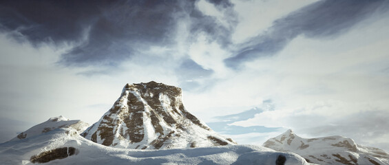 Imaginary mountain top with snow and blue sky and clouds