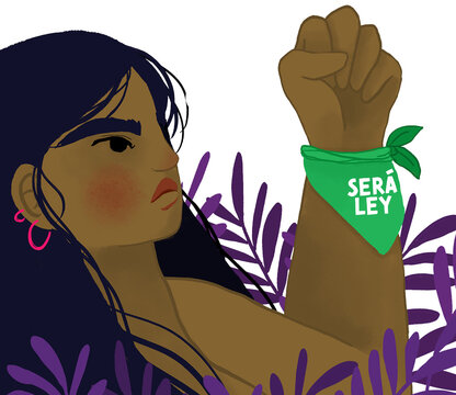 Mujer morena con el pu&ntilde;o en alto y pa&ntilde;uelo verde ser&aacute; ley de aborto