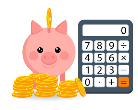 Piggy bank, calculator and golden coins. Business and finance concept. Poster, vector