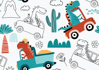 seamless pattern with cute dinosaur driving cars. © andin