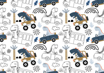 seamless pattern with cute dinosaur driving cars. © andin