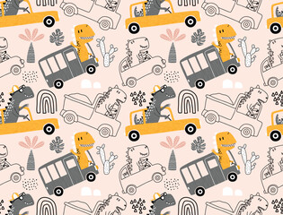 seamless pattern with cute dinosaur driving cars.