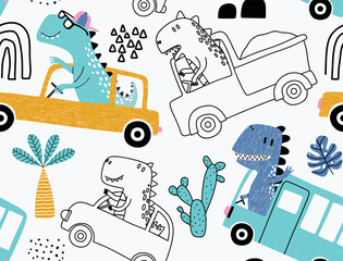 seamless pattern with cute dinosaur driving cars. © andin