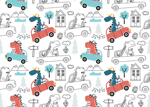 seamless pattern with cute dinosaur driving cars.