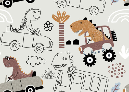 seamless pattern with cute dinosaur driving cars. © andin