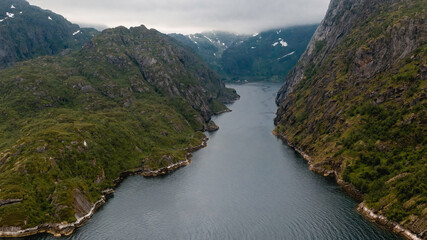 Trollfjord mouth where it joins the Raftsundet strait, in Northern Norway