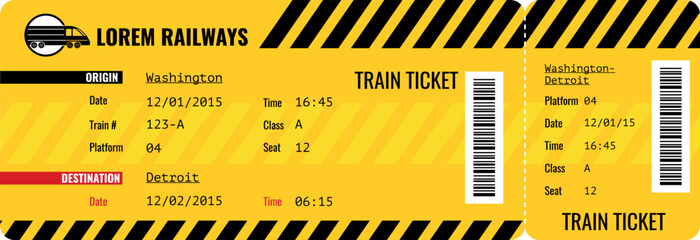 Train ticket template. Railway transport pass layout