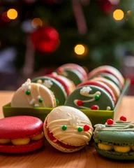 Keuken spatwand met foto Vertical view of colorful macarons in the box on a wooden surface - Christmas sweets © Pjm Captures/Wirestock Creators