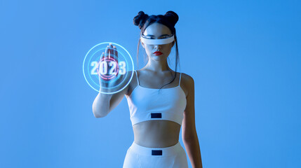 Woman in futuristic costume. Girl in glasses of virtual reality while touching air. Augmented reality game, future technology, 2023 concept. VR. Neon blue and red light. blue background.