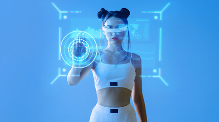 Woman in futuristic costume. Girl in glasses of virtual reality while touching air. Augmented reality game, future technology, AI concept. VR. Neon blue and red light. blue background.