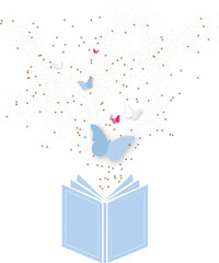 Imagination concept of a book with stars and butterflies to let your imagination fly