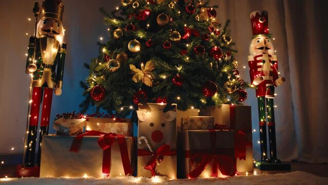 Christmas tree with presents and nutcracker in the house