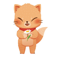Fototapeta premium The fox wearing the red scarf holding the white flower, Cartoon hand drawn animal.