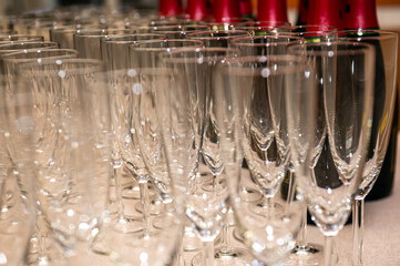 catering services. rows of shampagne glasses at restaurant party or celebration, closeup