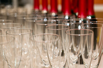 catering services. rows of shampagne glasses at restaurant party or celebration, closeup