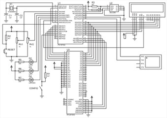 Vector electrical schematic diagram of a digital
electronic data output device device on an LCD display and
a terminal, operating under the control
of a microcontroller.