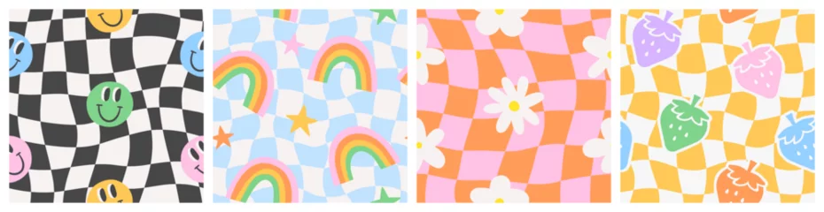 Foto op Plexiglas Colorful trendy checker board square seamless pattern collection. Set of geometric pastel square background in vintage psychedelic y2k style. Includes floral, rainbow and happy face prints. © Dedraw Studio
